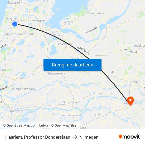 Haarlem, Professor Donderslaan to Nijmegen map