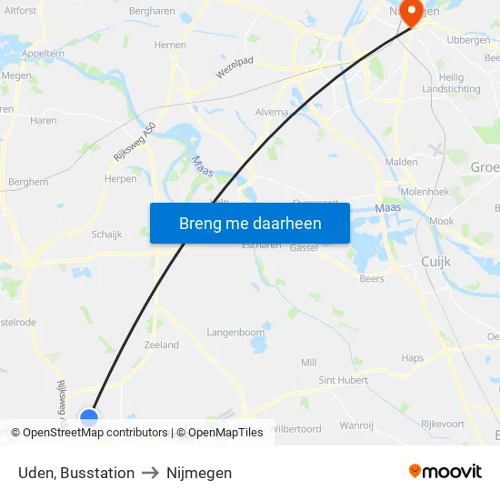 Uden, Busstation to Nijmegen map