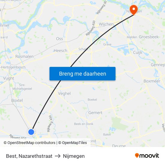 Best, Nazarethstraat to Nijmegen map