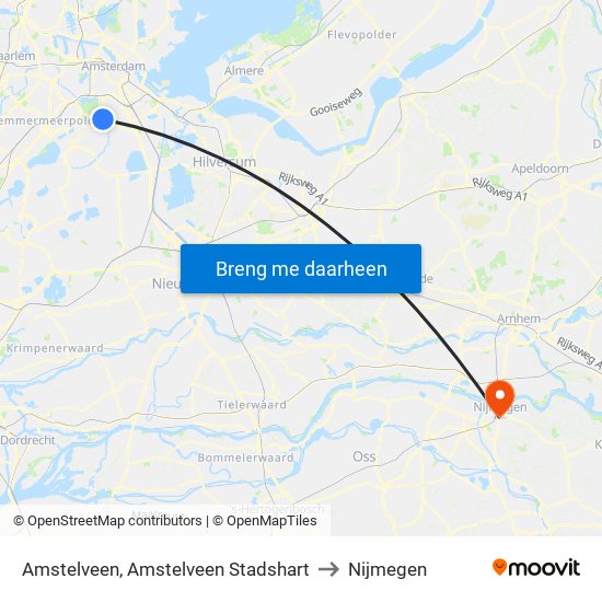 Amstelveen, Amstelveen Stadshart to Nijmegen map
