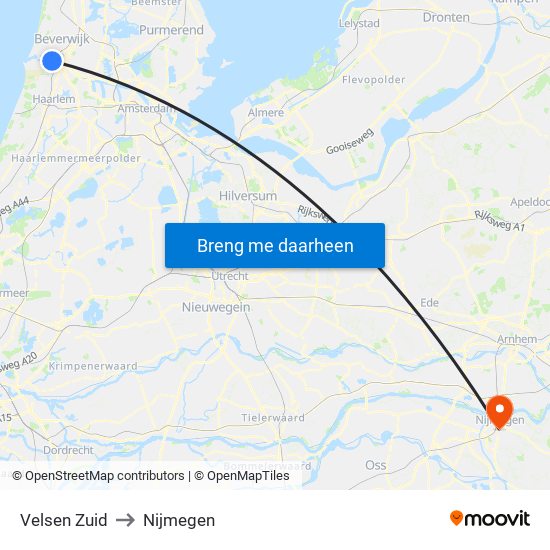 Velsen Zuid to Nijmegen map