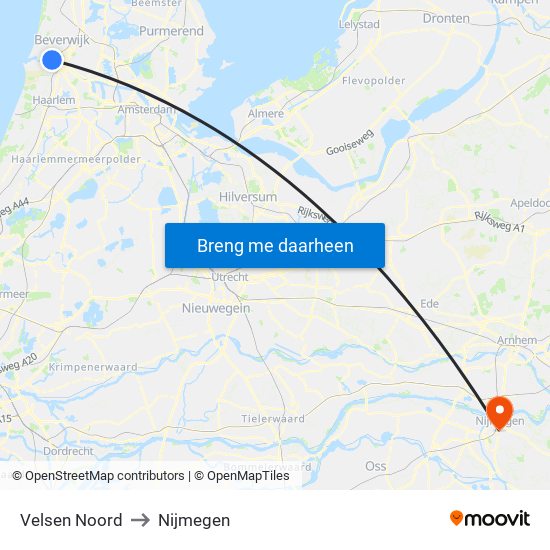 Velsen Noord to Nijmegen map