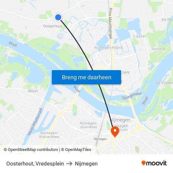 Oosterhout, Vredesplein to Nijmegen map