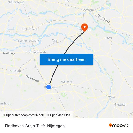 Eindhoven, Strijp-T to Nijmegen map