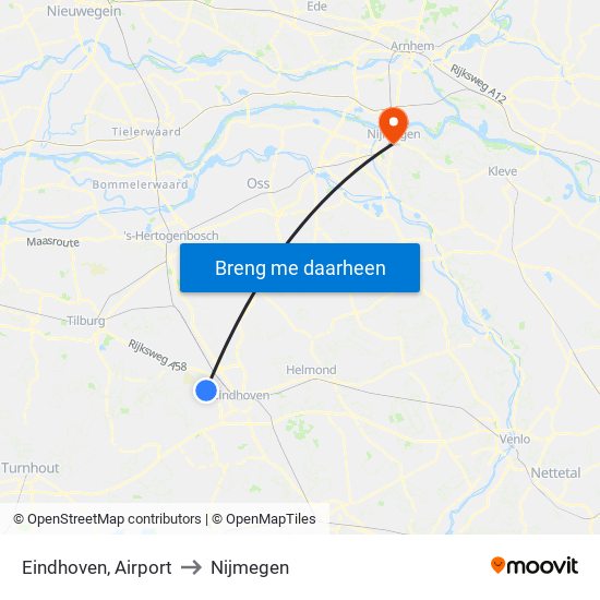 Eindhoven, Airport to Nijmegen map