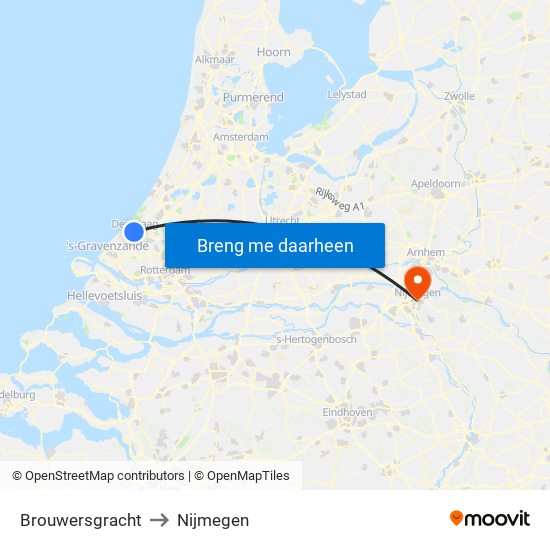 Brouwersgracht to Nijmegen map