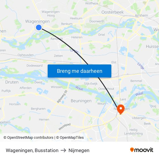 Wageningen, Busstation to Nijmegen map
