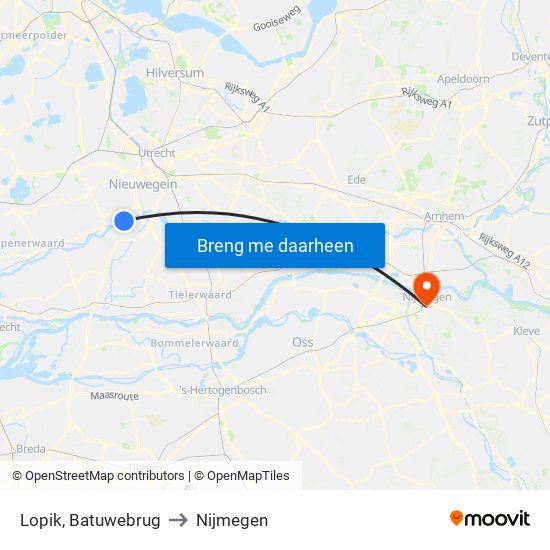 Lopik, Batuwebrug to Nijmegen map