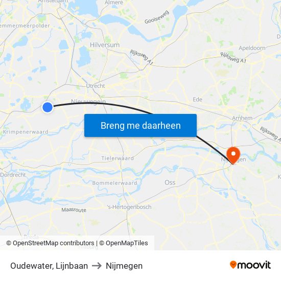 Oudewater, Lijnbaan to Nijmegen map