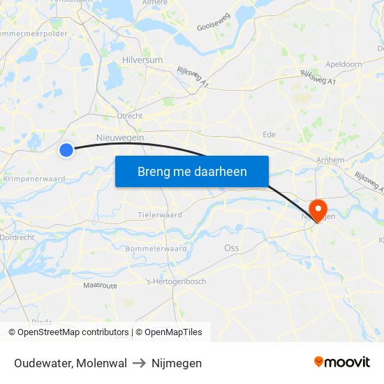 Oudewater, Molenwal to Nijmegen map
