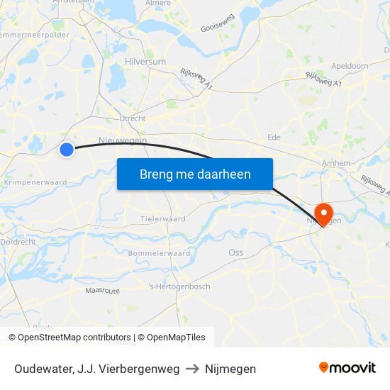 Oudewater, J.J. Vierbergenweg to Nijmegen map