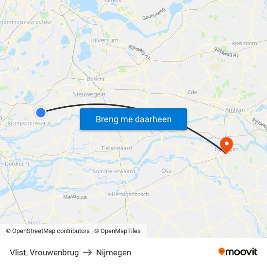 Vlist, Vrouwenbrug to Nijmegen map