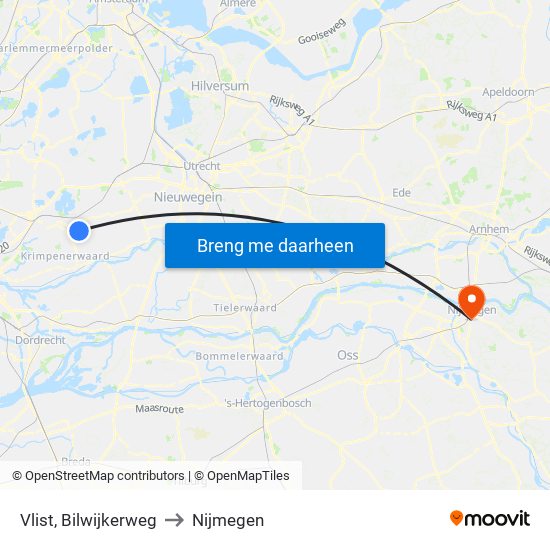 Vlist, Bilwijkerweg to Nijmegen map