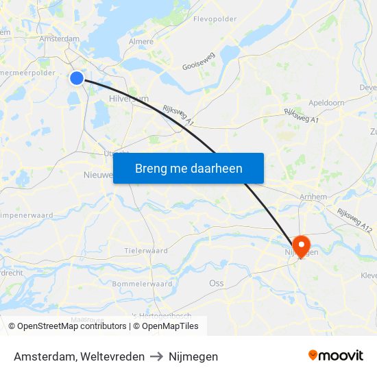 Amsterdam, Weltevreden to Nijmegen map