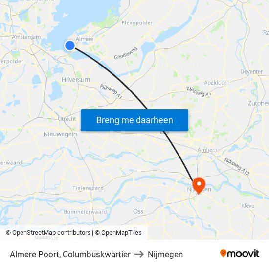 Almere Poort, Columbuskwartier to Nijmegen map