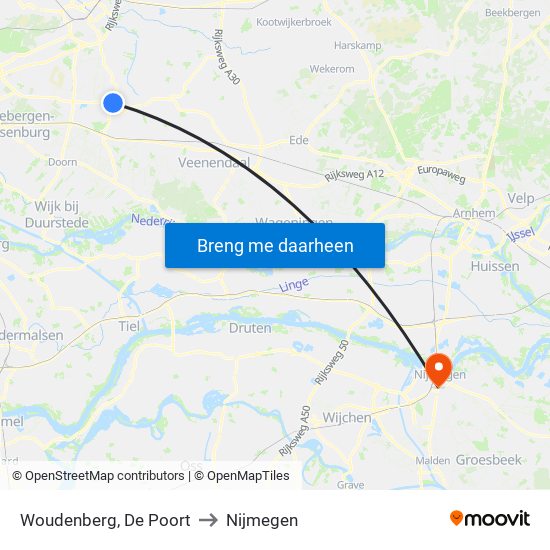 Woudenberg, De Poort to Nijmegen map