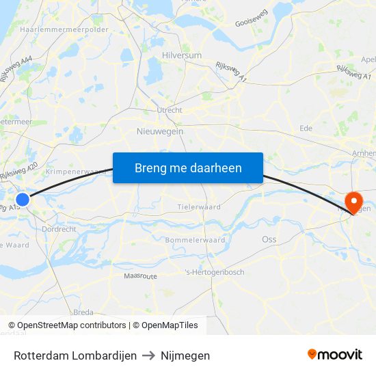 Rotterdam Lombardijen to Nijmegen map