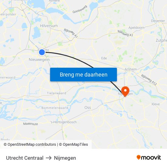 Utrecht Centraal to Nijmegen map