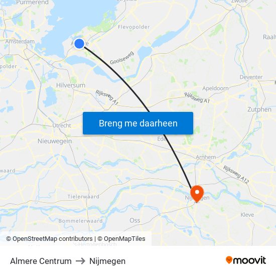Almere Centrum to Nijmegen map