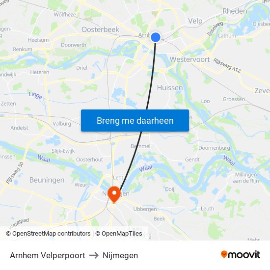 Arnhem Velperpoort to Nijmegen map