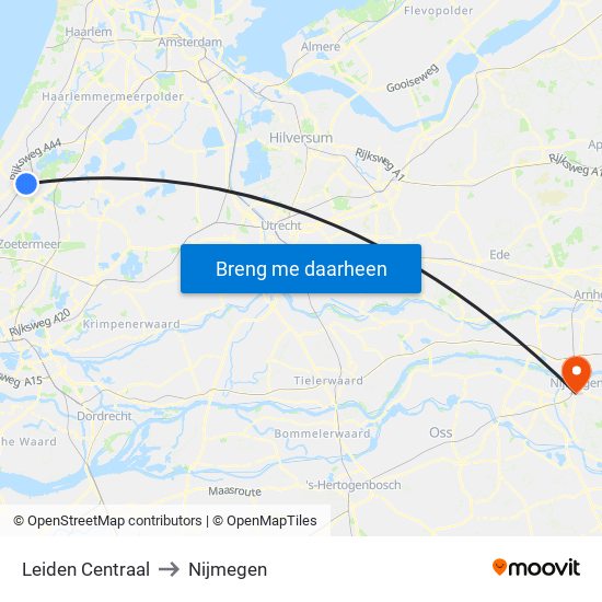 Leiden Centraal to Nijmegen map