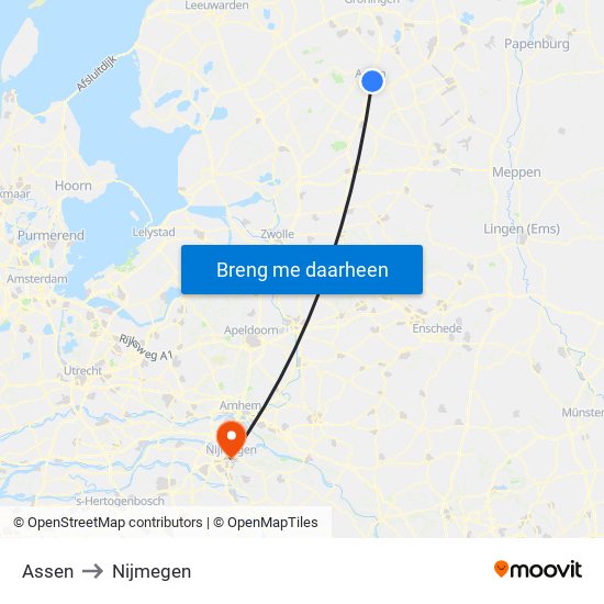 Assen to Nijmegen map