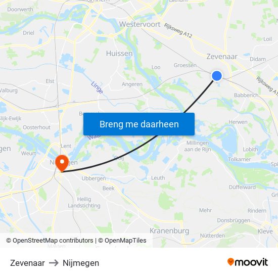 Zevenaar to Nijmegen map