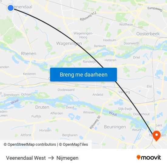 Veenendaal West to Nijmegen map