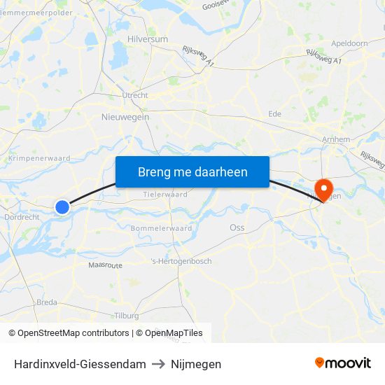 Hardinxveld-Giessendam to Nijmegen map