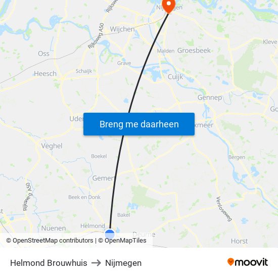 Helmond Brouwhuis to Nijmegen map
