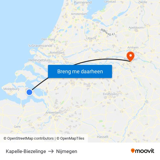 Kapelle-Biezelinge to Nijmegen map