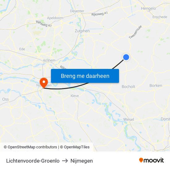 Lichtenvoorde-Groenlo to Nijmegen map