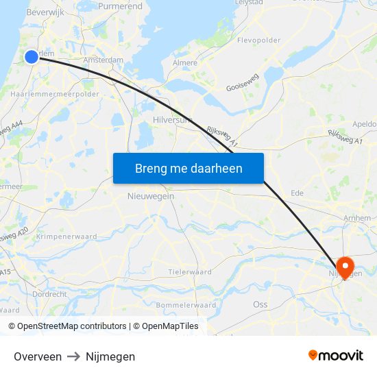 Overveen to Nijmegen map