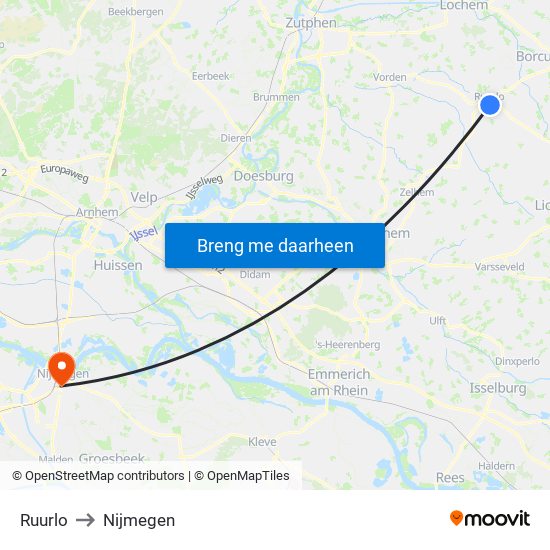 Ruurlo to Nijmegen map