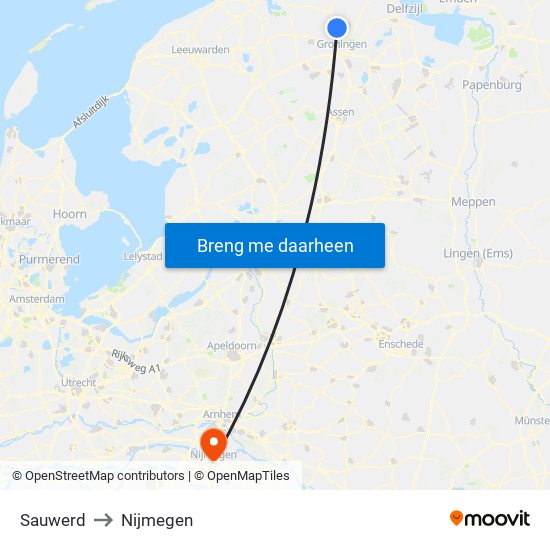 Sauwerd to Nijmegen map