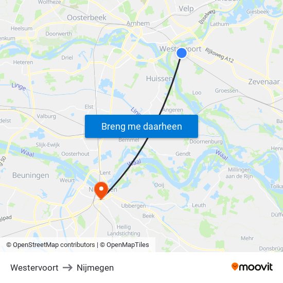 Westervoort to Nijmegen map