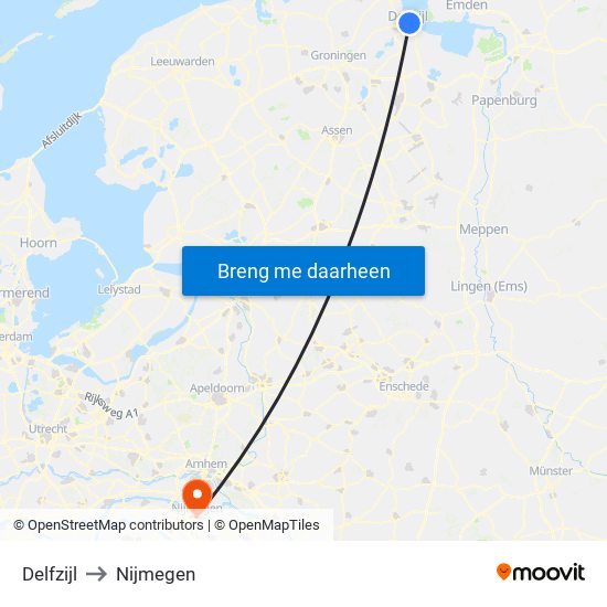 Delfzijl to Nijmegen map