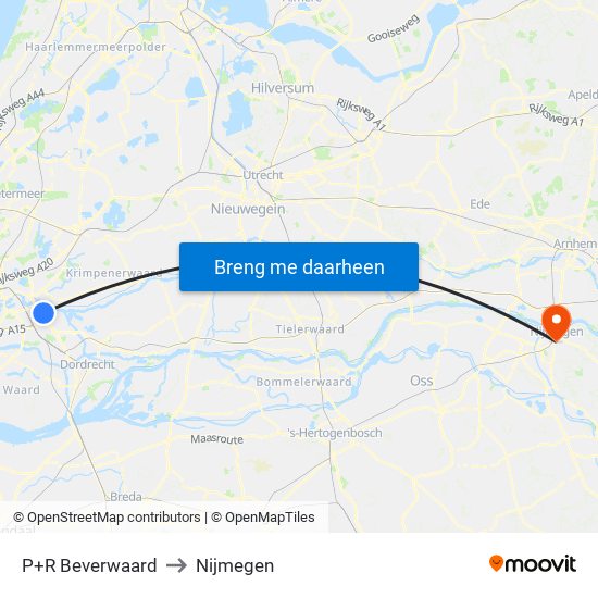 P+R Beverwaard to Nijmegen map