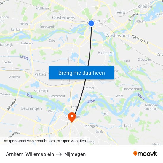 Arnhem, Willemsplein to Nijmegen map