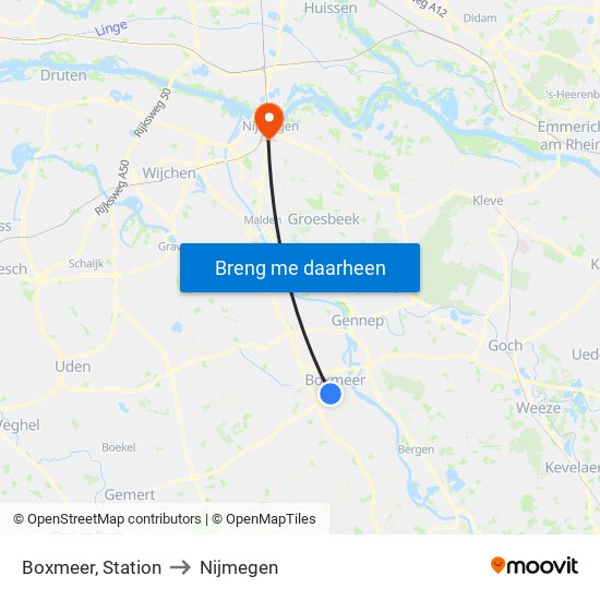 Boxmeer, Station to Nijmegen map