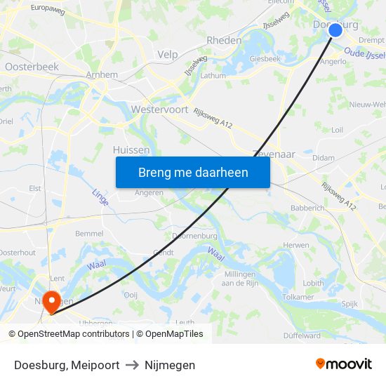 Doesburg, Meipoort to Nijmegen map