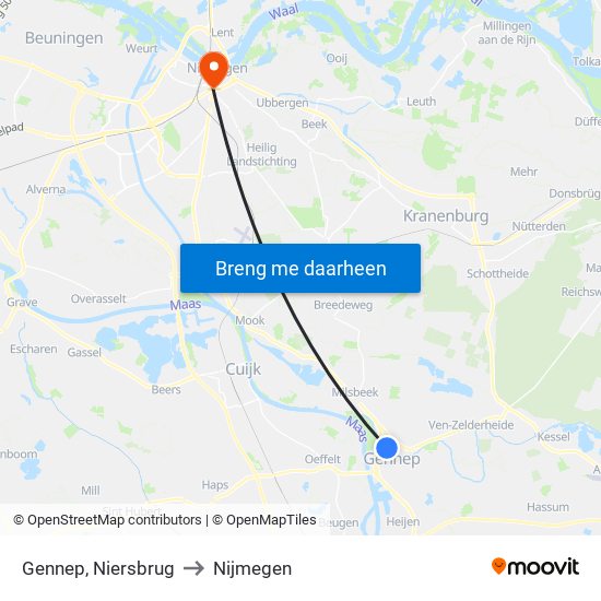 Gennep, Niersbrug to Nijmegen map