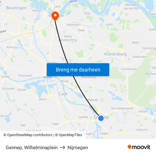 Gennep, Wilhelminaplein to Nijmegen map