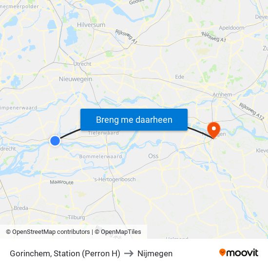 Gorinchem, Station (Perron H) to Nijmegen map
