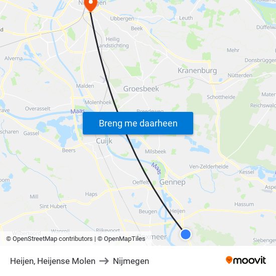 Heijen, Heijense Molen to Nijmegen map