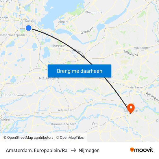 Amsterdam, Europaplein/Rai to Nijmegen map
