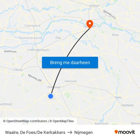 Waalre, De Foes/De Kerkakkers to Nijmegen map