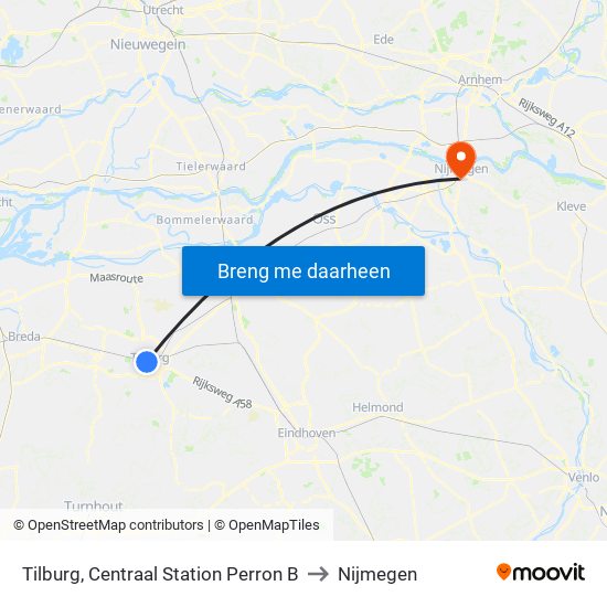 Tilburg, Centraal Station Perron B to Nijmegen map