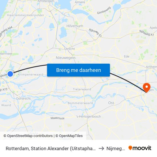 Rotterdam, Station Alexander (Uitstaphalte) to Nijmegen map