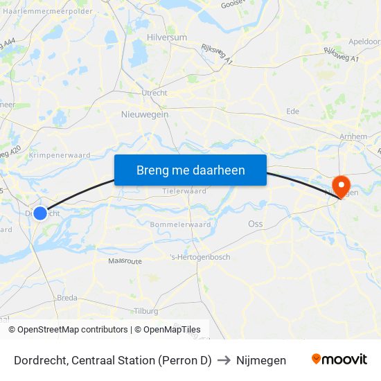 Dordrecht, Centraal Station (Perron D) to Nijmegen map
